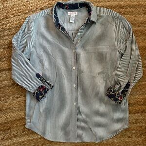 Vintage Talbots Small Green & White Striped Preppy Equestrian Button Down Blouse